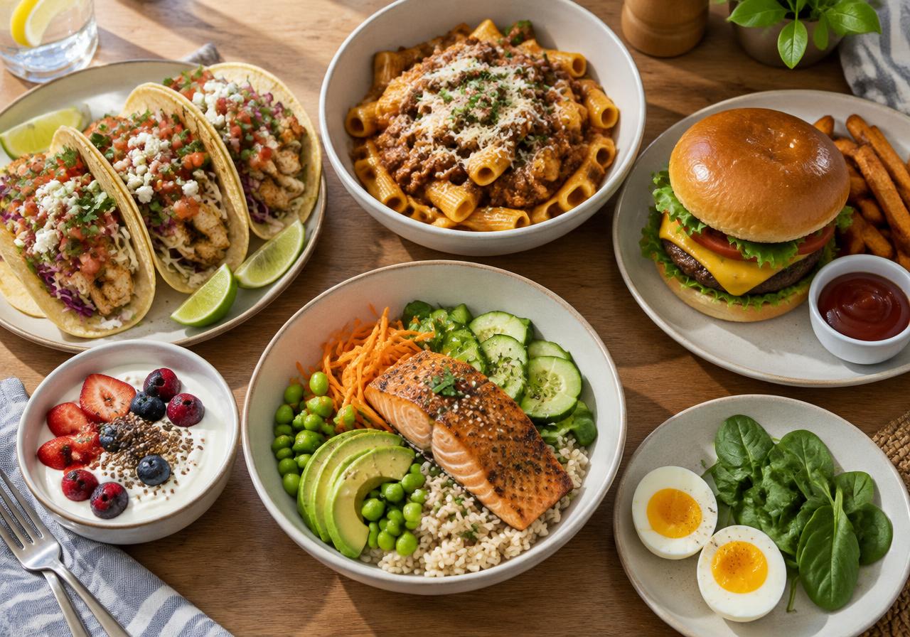 Family-friendly tacos, pasta, a burger, a salmon rice bowl and a yogurt breakfast